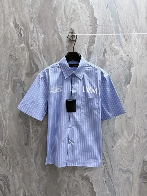 View 1 of Light-Blue Striped Shirt with Modern Accents, Cotton Blend, Short-Sleeve, Premium Comfort