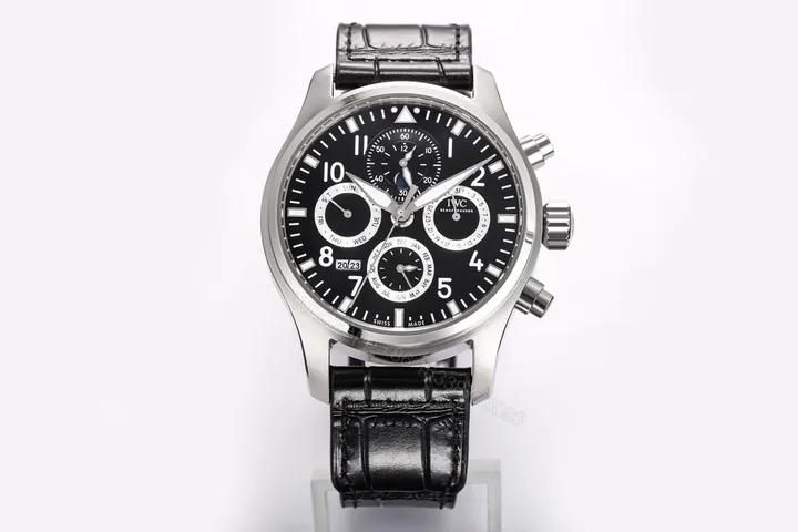 View 1 of IWC Pilot Perpetual Calendar Replica 42MM Premium Black Dial Leather Strap Edition IWC-PILOT-PC-BLK42-LTH
