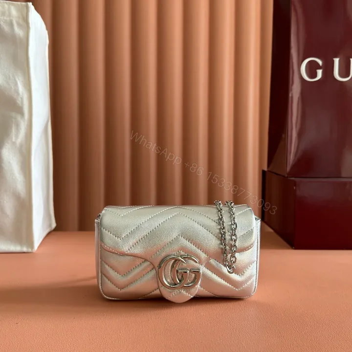 View 1 of GUCCI GG MARMONT BAG 16 IN SILVER LAMBSKIN