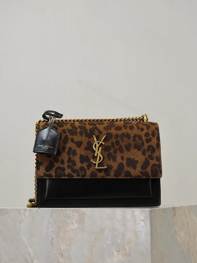 View 1 of Leopard Print Flap Bag with Gold Monogram Chain Strap