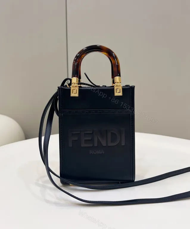 View 1 of Compact Leather Mini Handbag with Tortoishell Handle - Black, Fendi-inspired Style