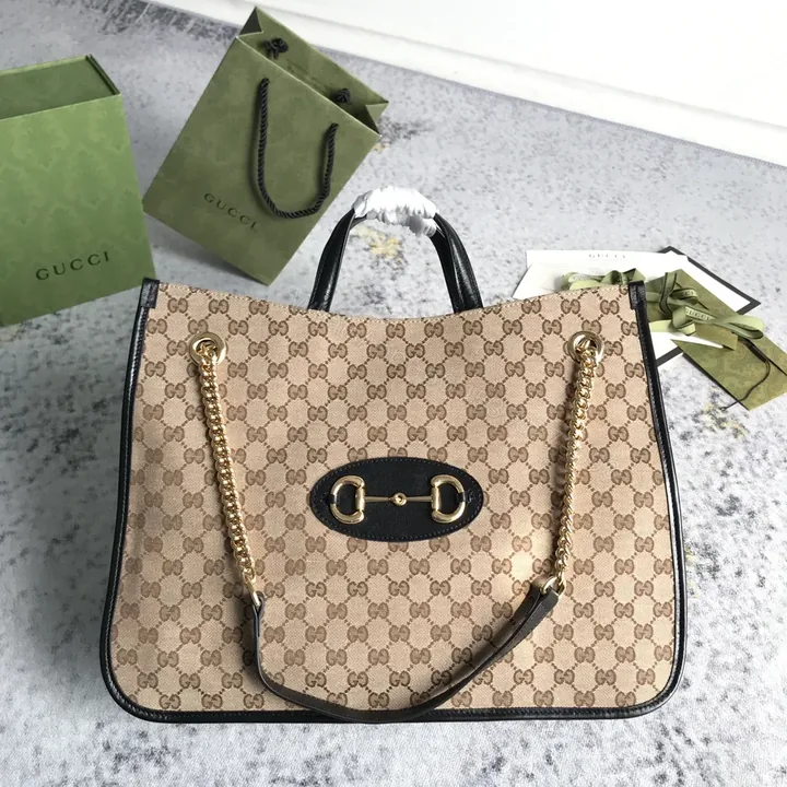 View 1 of Gucci Brown Large GG Canvas 1955 Horsebit Chain Tote Beige