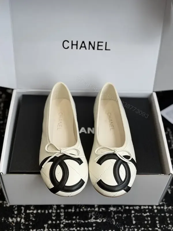 View 1 of Cream Leather Ballet Flats Pearl Bow Chanel Logo