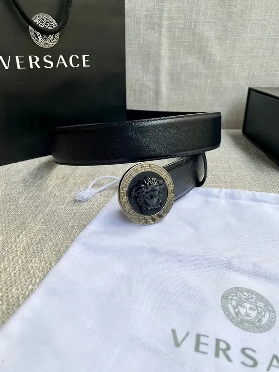 View 1 of Versace Black Leather Belt with Medusa Buckle â€“ Luxe Everyday Accessory
