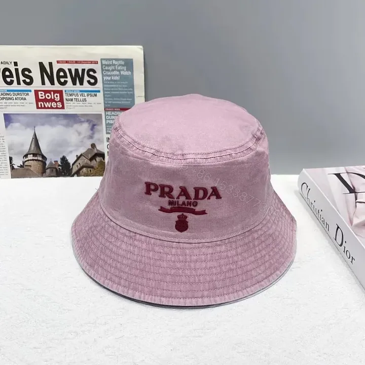 View 1 of Pink Velvet Bucket Hat with Prada Milano Logo - Everyday Luxury