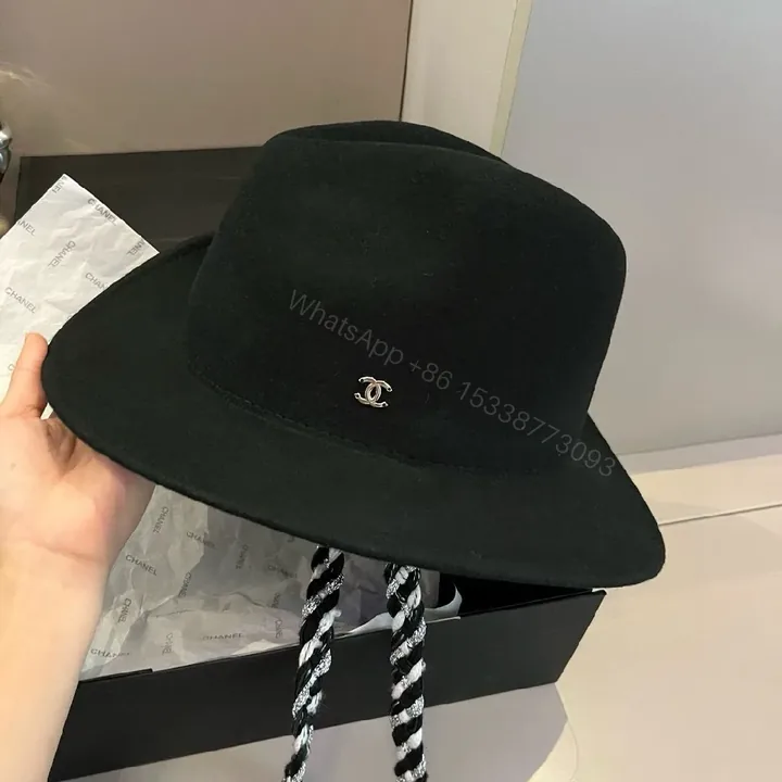 View 1 of Black Wool Fedora with Luxe Logo Edge Hat