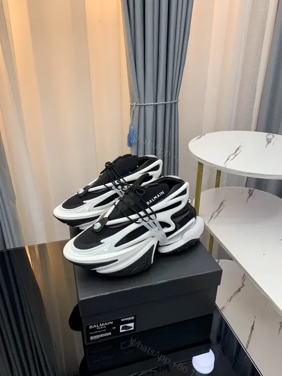 View 1 of Black Leather Knit Balmain-Style High-Top Sneakers with Plush Comfort