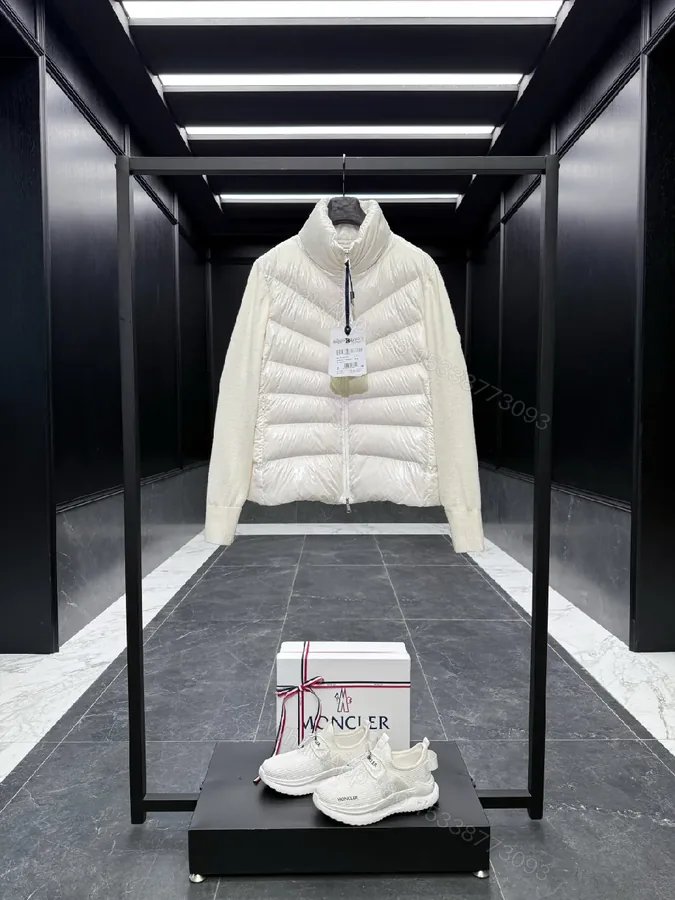 View 1 of Lightweight Off-White Puffer Jacket with Knit Sleeves Fusion