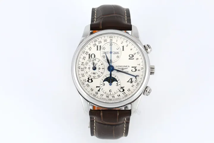 View 1 of Longines Master Collection Moonphase Eight Hand V4 Edition Silver Dial Brown Leather Strap Stainless Steel Case
