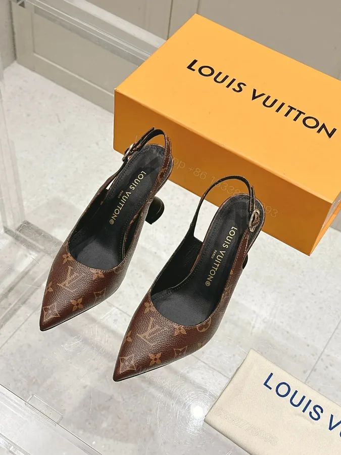 View 1 of LV Women Brown Leather Patterned Slingback Heels