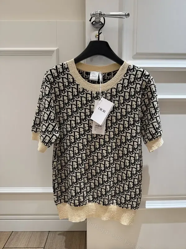 View 1 of BeigeBlack Knit Dress with Dior Monogram TrimShort Sleeves Dress