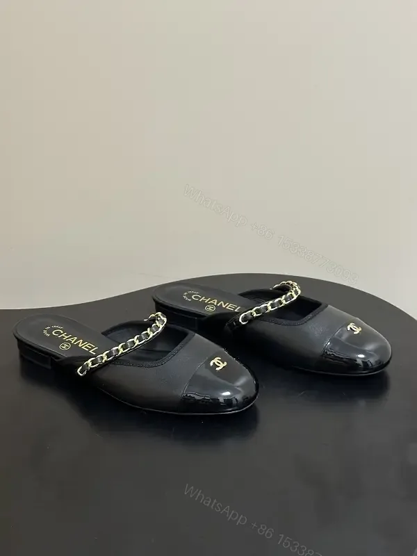 View 1 of Black Leather Flat Mules Chain-Detail Chanel-Style Slippers