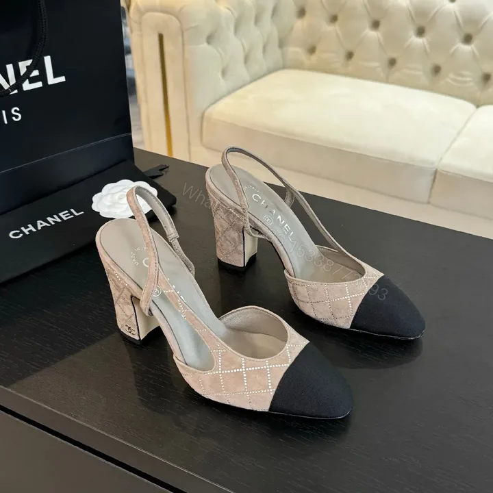 View 1 of Taupe Grid Textured Slingbacks with Black Cap Toe - Elegant Heels
