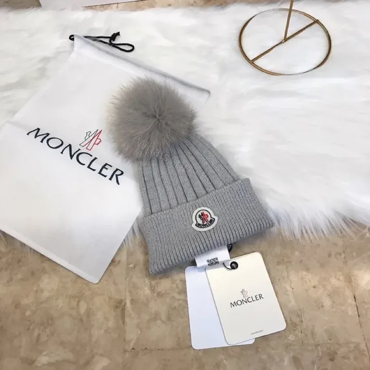 View 1 of Cozy Grey Moncler Beanie: Premium Knit Warmth & Logo Style