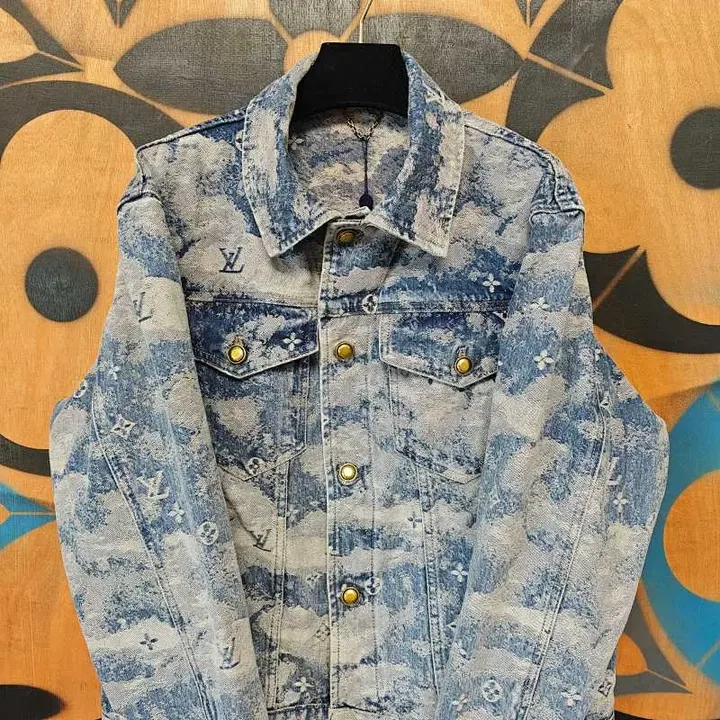 View 1 of Washed Denim Jacket with Luxe Monogram Pattern