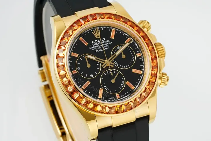 View 1 of Premium Rolex Daytona Orange Sapphire Gold replica 40MM Black Rubber Strap EditionRG-DAYTONA-ORANGE-SAPPHIRE-GOLD-RUBBER-40