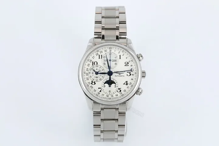 View 1 of Longines Master Collection Moonphase Eight Hand V4 Watch Silver Stainless Steel White Dial Blue Sub dials