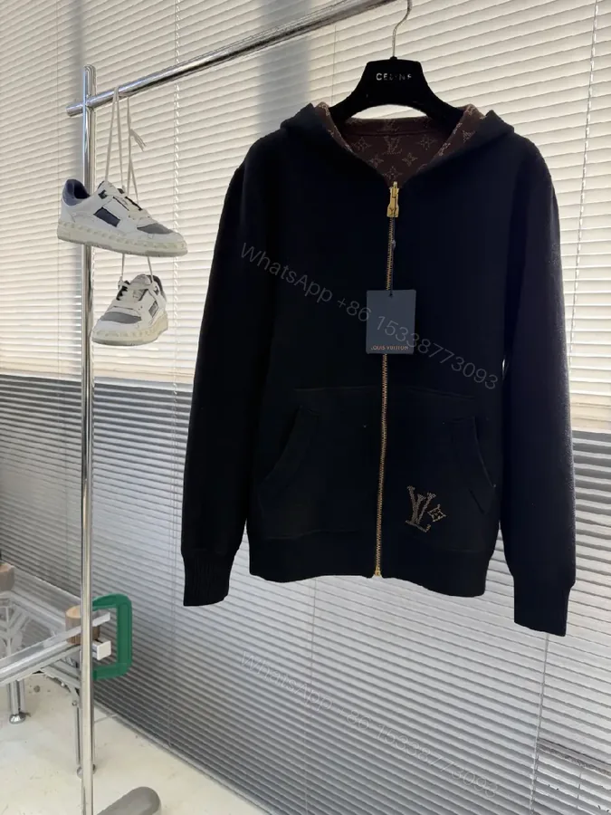 View 1 of Black Zip Hoodie Jacket - Luxury LV-Inspired Accent, Black, Cotton Blend, Modern, Everyday Wear