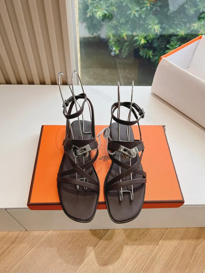View 1 of Hermes Women Dark Brown Leather Strappy Sandals