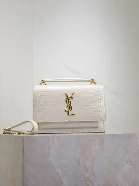 View 1 of Croc-Embossed Mini Bag with Gold YSL Logo, White