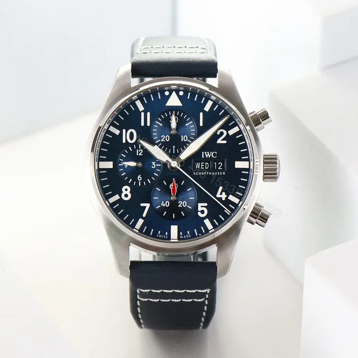 View 1 of IWC Pilot Chronograph Watch Blue Dial Black Leather Strap Ultimate 43MM IW378003