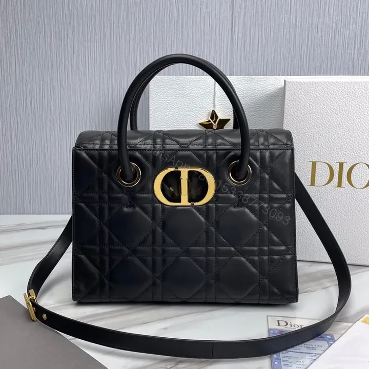 View 1 of Black Leather Quilted Handbag with Gold Dior Emblem - Luxury Everyday
