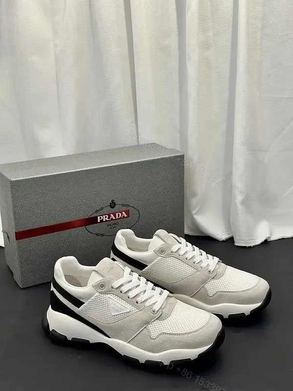 View 1 of Beige Leather Mesh Runner Sneaker with Black Accent, Prada Style
