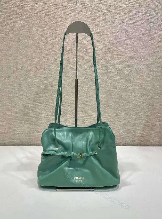 View 1 of Green Leather Drawstring Shoulder Bag - Minimalist Luxe