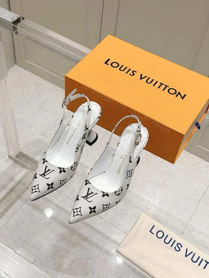 View 1 of LV Women White Leather Monogram Slingback Heels