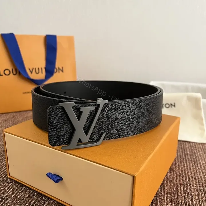 View 1 of Black Leather Belt Matte LV Buckle Slim Width - Center Front
