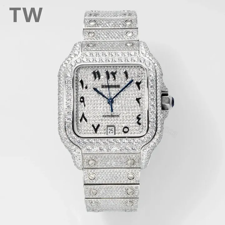 View 1 of K11 Factory Cartier Santos Large Diamond Bezel Full Diamond Set Watch – Silver with Blue Hands, Automatic Movement, 40mm Stainless Steel Case, Sapphire Crystal, QuickSwitch Strap System