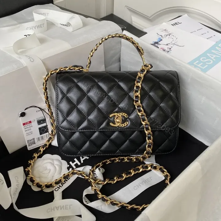 View 1 of Black Quilted Flap Bag with Gold Chain â€” Effortless Designer-Sophistication