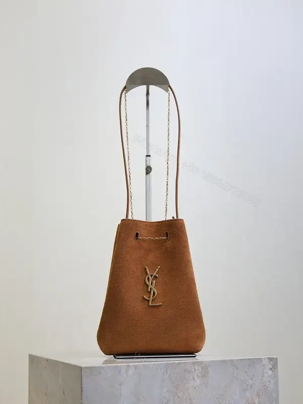View 1 of Brown suede YSL-inspired shoulder bag with gold-tone chain strap