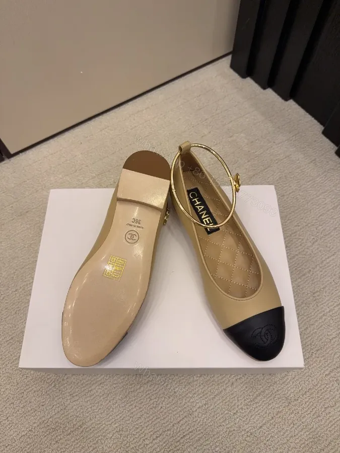 View 1 of Two-Tone Ballet Flats with Gold Ankle Strap - Luxe Comfort Flat
