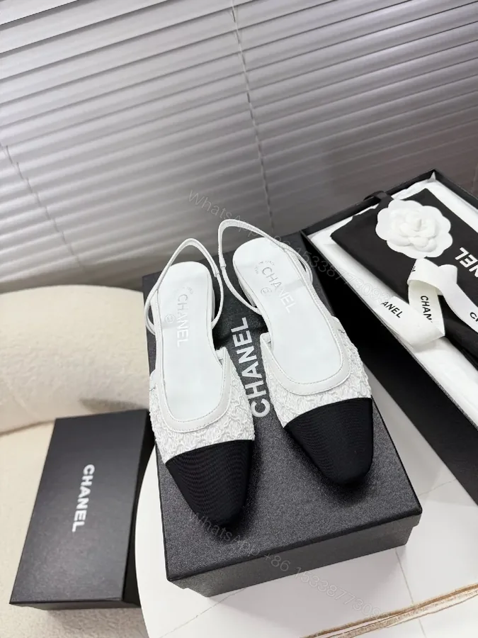 View 1 of Lace-Texture Slingback Flats with Black Cap Toe, Luxury Style