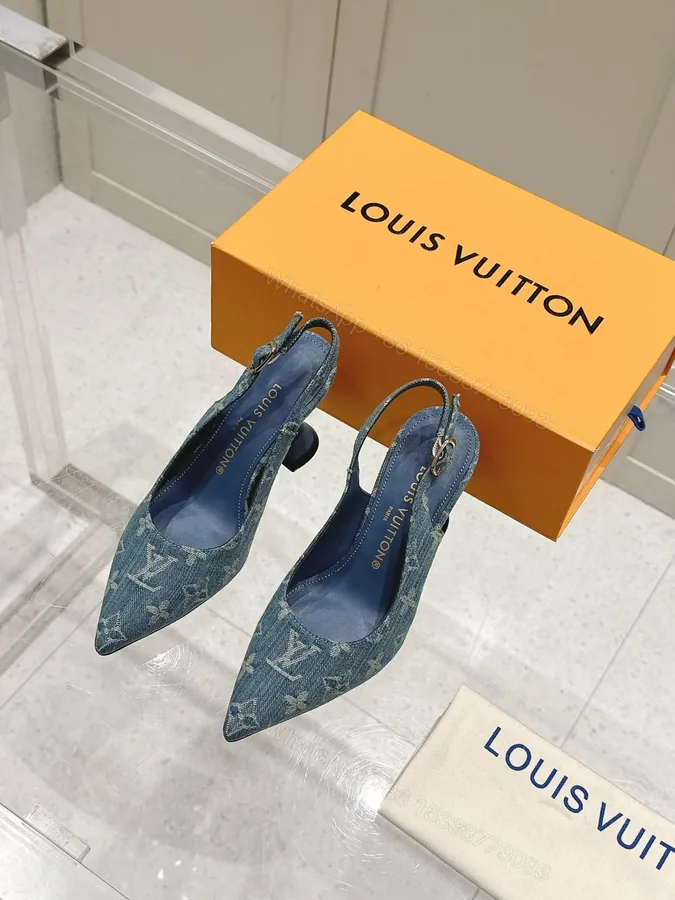 View 1 of LV Women Blue Denim Leather Trim Slingback Heels