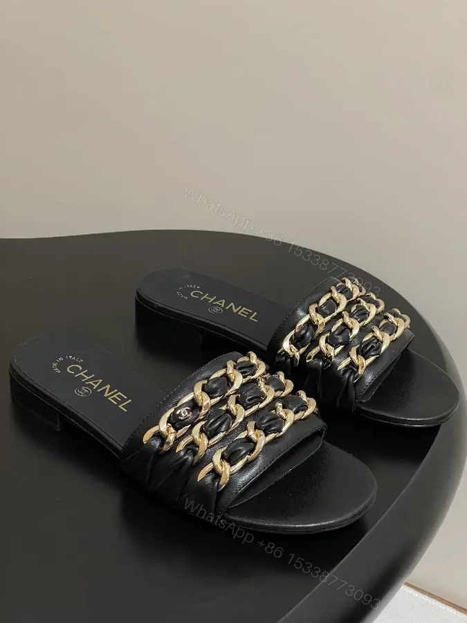 View 1 of Black Leather Slide with Gold Chain Detail – Luxury Everyday Comfort
