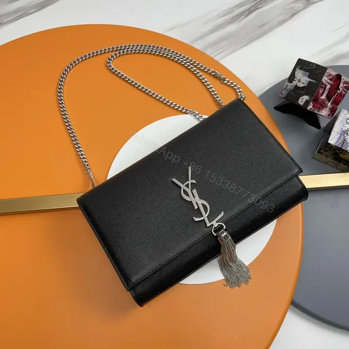 View 1 of Chic Black Leather Clutch: Silver YSL-Inspired Emblem, Chain
