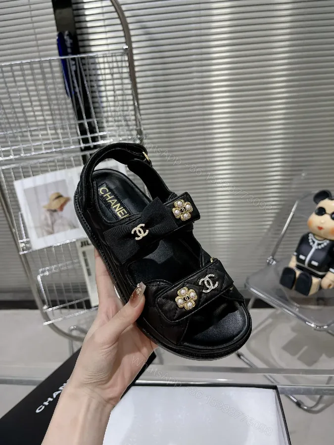 View 1 of Quilted Black Sandal: Pearl-Embellished Chic Comfort Sandal