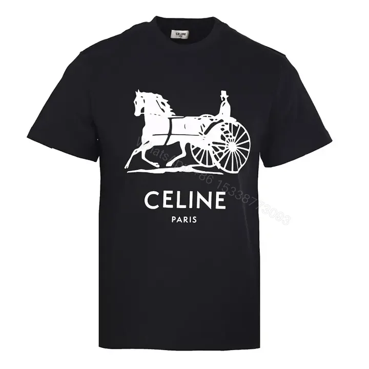 View 1 of Black Cotton T-shirt Large white horse-drawn carriage graphic CELINE PARIS T-shirt