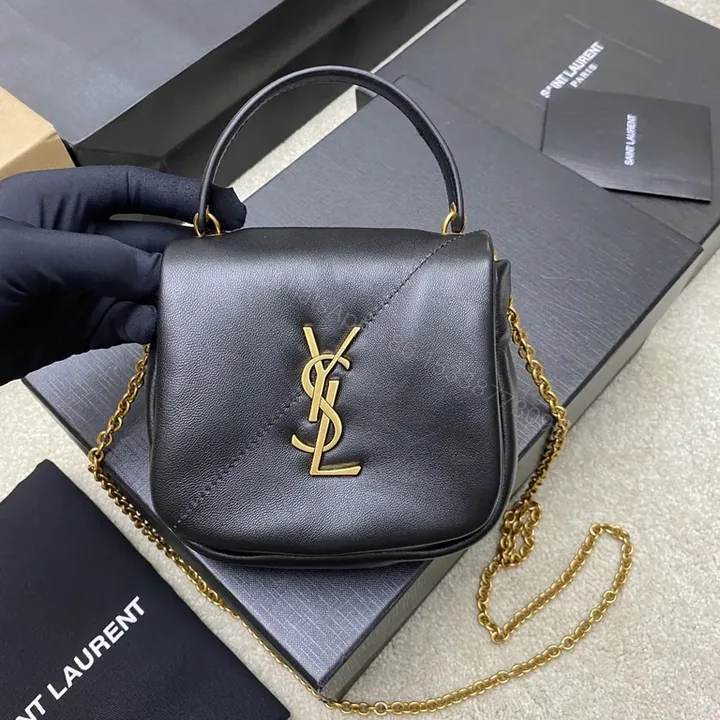 View 1 of Compact Luxe Crossbody: Gold-YSL Monogram Leather Bag
