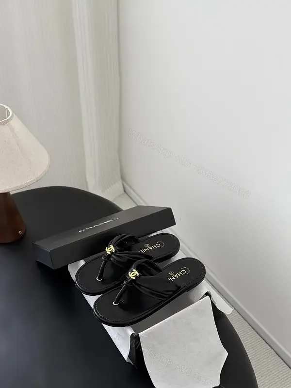 View 1 of Black Leather Sandals Satin Classic Gold Logo Slippers