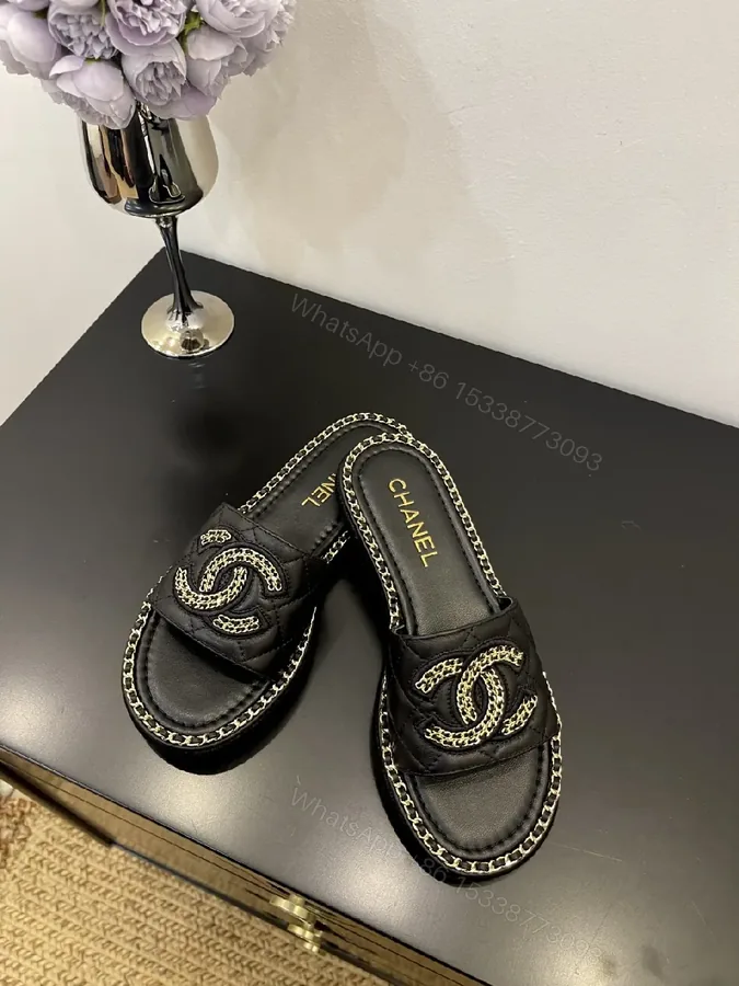 View 1 of Black Leather Slip-Ons with Chain Detailing Sandals