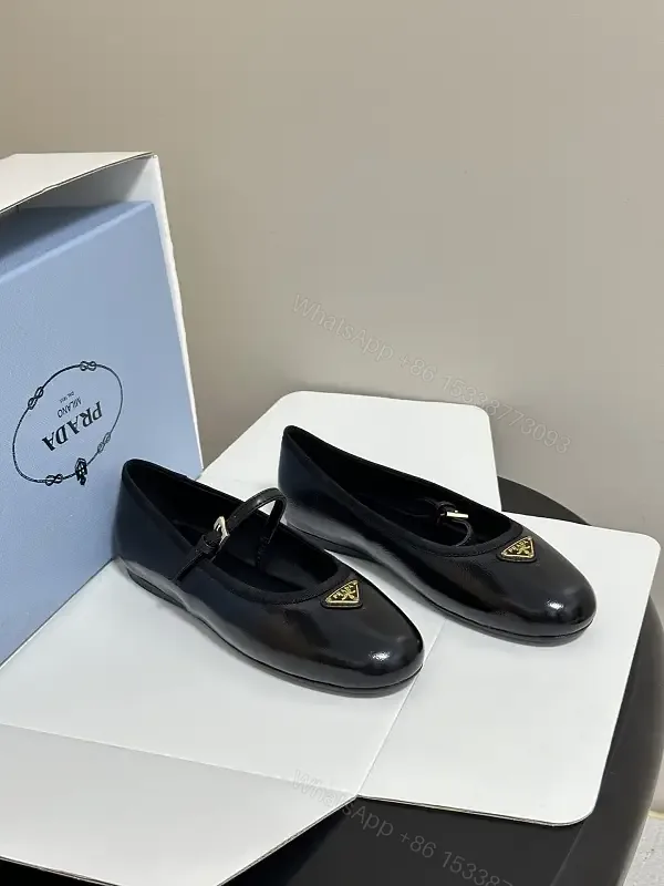 View 1 of Black Leather Ballerinas Prada Logo Classic Style Gossamer Comfort Shoes