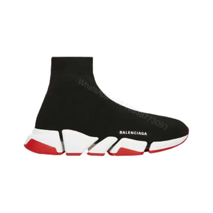 View 1 of BALENCIAGA SPEED 2.0 SNEAKER IN BLACK, WHITE AND RED RECYCLED KNIT – BB144