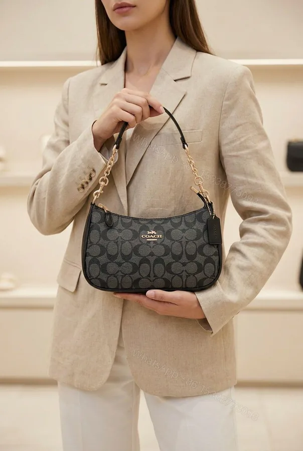 View 1 of Coach Teri Shoulder Bag Signature Canvas Printed Black First Copy | AAA+ Replica