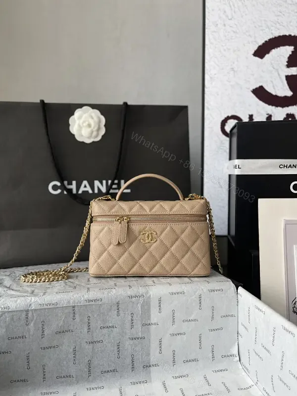 View 1 of Taupe Quilted Crossbody: Lambskin, Gold Chain, Classic Glamour