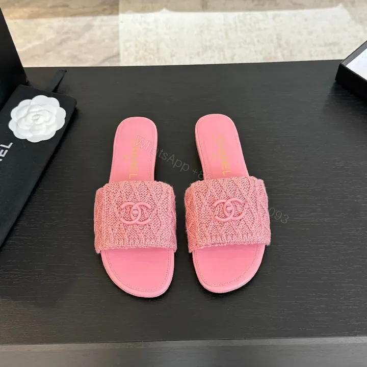 View 1 of Pink Knit-Trim Slides: Plush Couture-Inspired Comfort