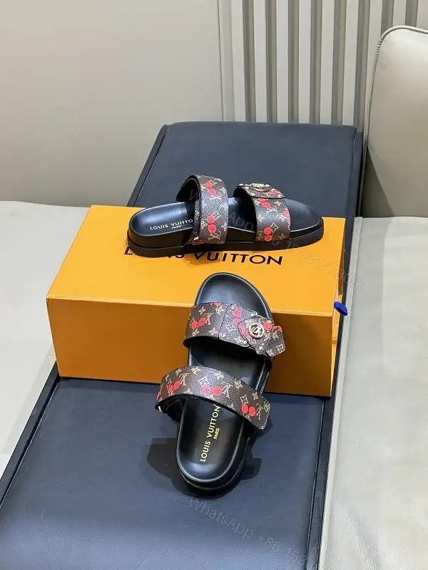 View 1 of Black Monogram Leather Sandals Signature Strap Louis Vuitton Slide Slides