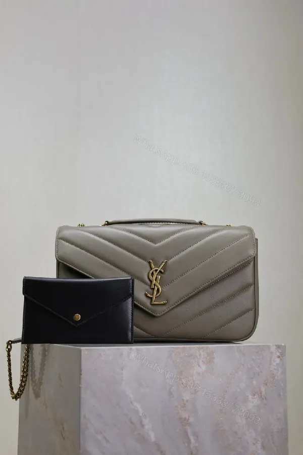 View 1 of Soft Taupe Quilted Shoulder Bag with Gold Hardware Set